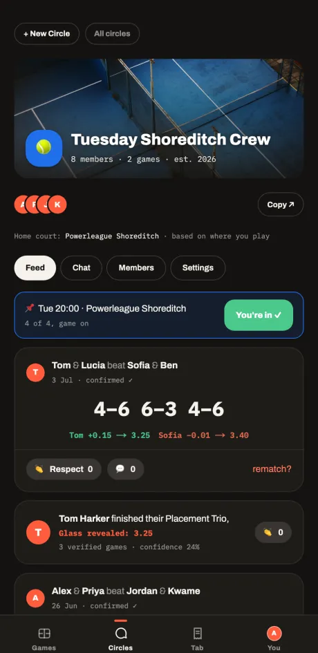 A CUATRO circle: header art, member avatars, a pinned game and match results with Glass movements