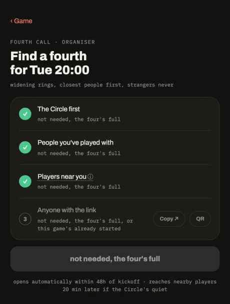 The Fourth Call ladder: the circle first, then people you have played with, then players nearby, then anyone with the link