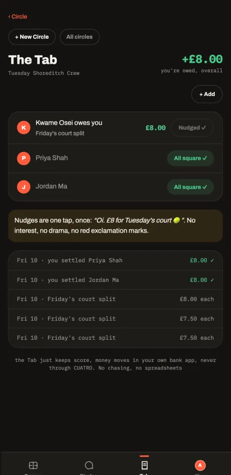 The Tab: who owes what in the open, with a one-tap nudge, money kept in your own bank app